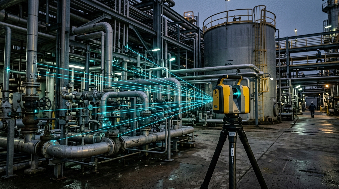 Escáner láser 3D capturando una planta industrial con tuberías y tanques