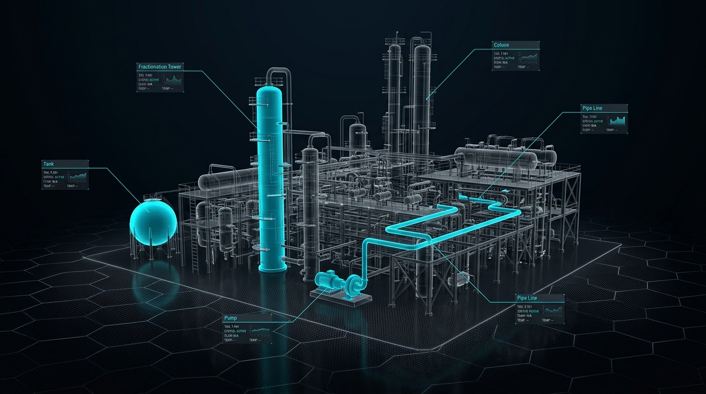 Gemelo digital de una refinería con equipos etiquetados