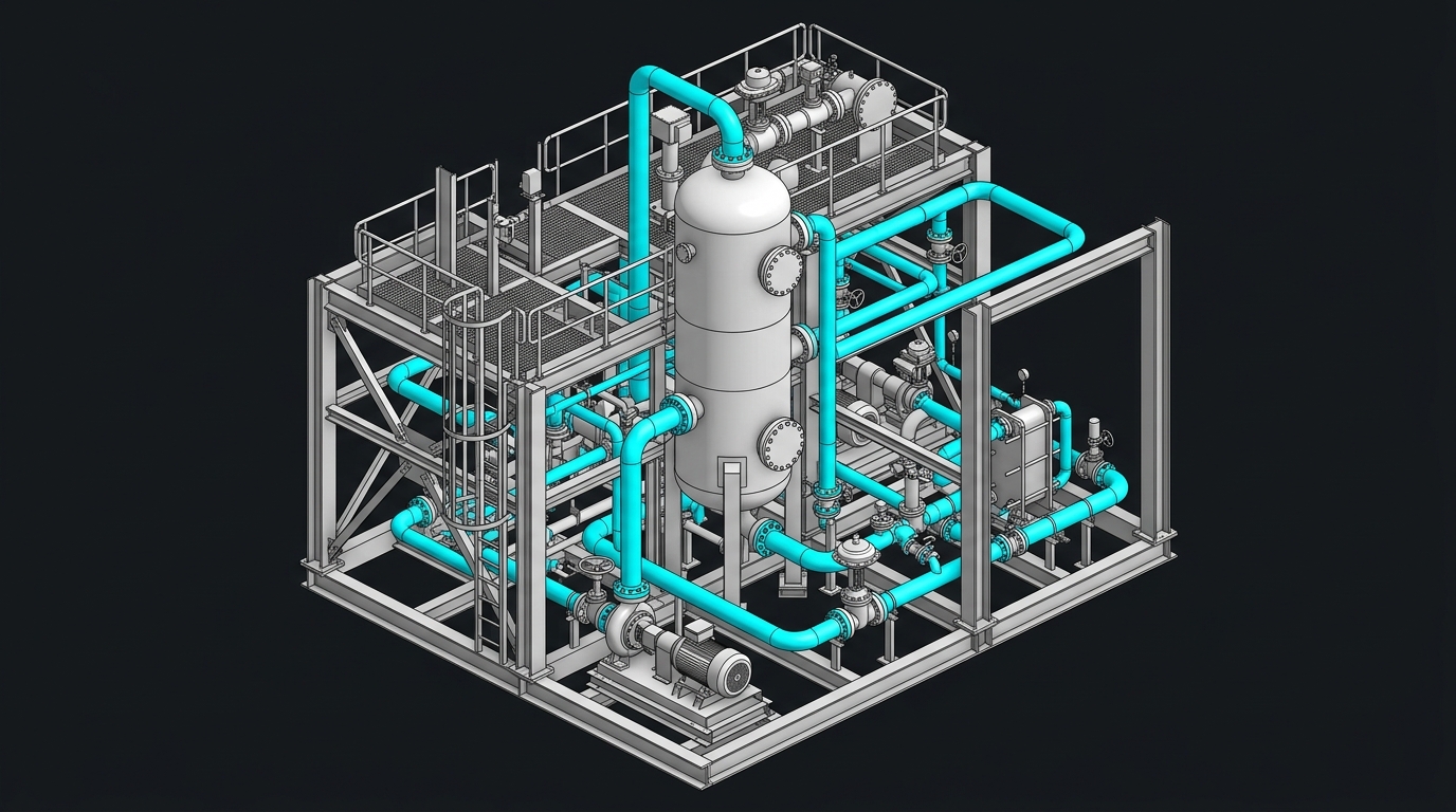 Modelo BIM 3D de un módulo industrial con tuberías, recipiente y estructura